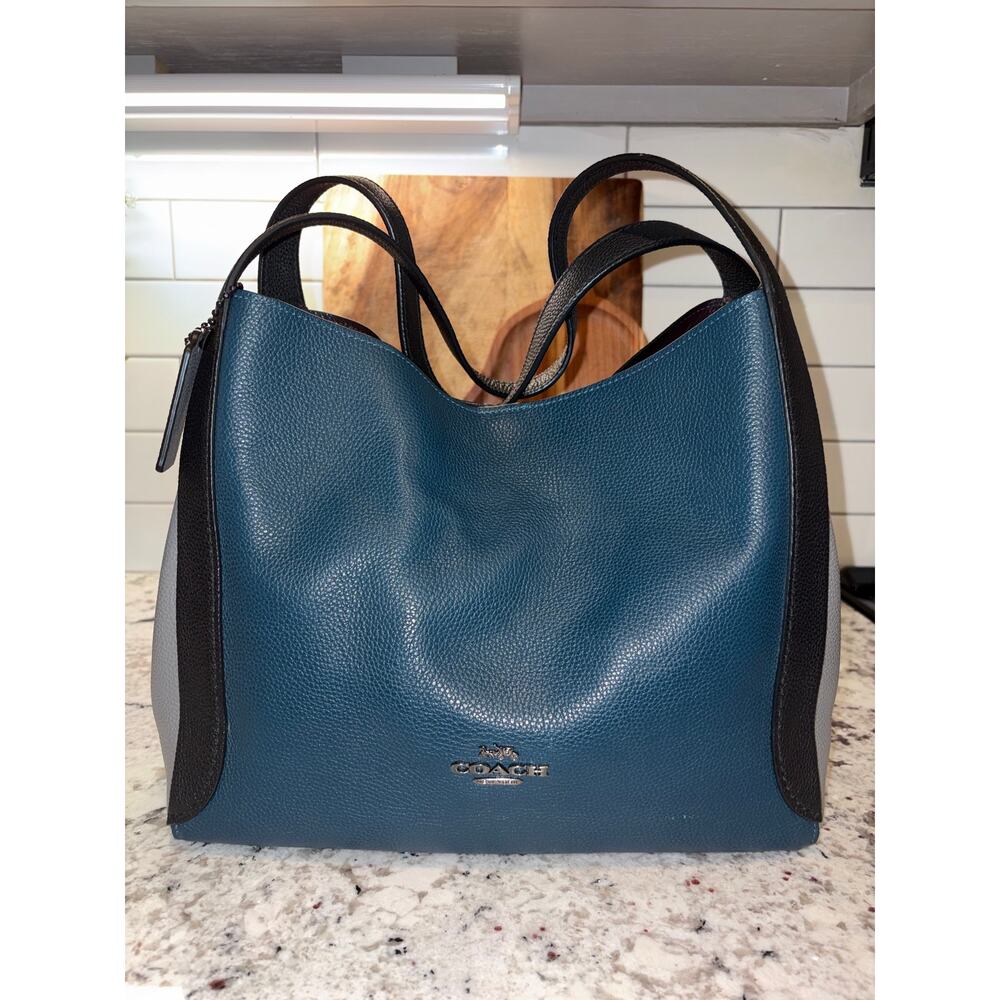 Coach Colorblock Pebbled Leather Tote Blue/Gray/Black EUC